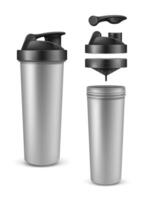 realistic 3d silver shaker with open cap for sports nutrition, gainer or whey protein. Plastic drink bottle or mixer, isolated on white background. Accessory for gym bodybuilding, gymnasium vector