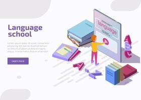 Language school isometric landing page. Isometric character learning english through application on tablet. Online education, training or e-learning courses, university lesson for banner and website. vector