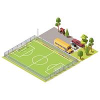 3d isometric field for football games, parking with cars, yellow school bus and road with bus stop. Green field for sport near asphalt way, city concept. Isometry isolated on white background. vector