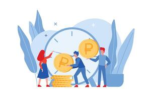 Time is money flat illustration. Financial investment in stock market future and marketing planning of money growth with big clock, golden coins and business people. Save time concept. vector