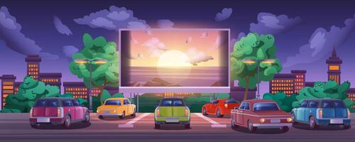 Drive-in movie theater with automobiles on open air parking at night. Outdoor cinema with glowing big screen and cars. cartoon summer night film festival in city. Urban entertainment or leisure vector