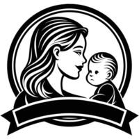 Beautiful mother silhouette with baby. Liner logo illustration on white background. Mother day card vector