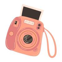 Pink Instant camera device with photo. Photography camera Hand drawn trendy flat style on white background. Icon for websites or mobile applications. Flash and lens visible. vector