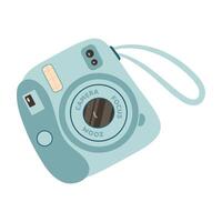 Blue Instant camera device. Photography camera Hand drawn trendy flat style on white background. Icon for websites or mobile applications. Flash and lens visible vector
