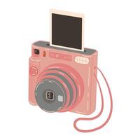 Pink Instant camera device with photo. Photography camera Hand drawn trendy flat style on white background. Icon for websites or mobile applications. Flash and lens visible. vector