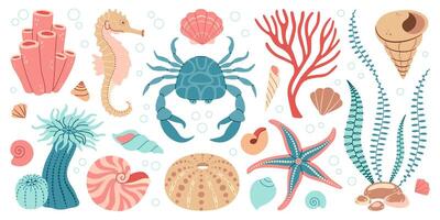 Hand drawn cartoon sea life elements set. Aquatic animals, anemones, crab, algae, seashells, starfish, sea horse. Trendy flat doodle set underwater ecosystem for your design vector