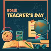 An illustration for Teachers Day composed of a globe, books, and a notebook, with a gradient vector