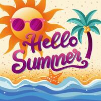 verano playa degradado ilustración con Hola verano tipografía diseño vector