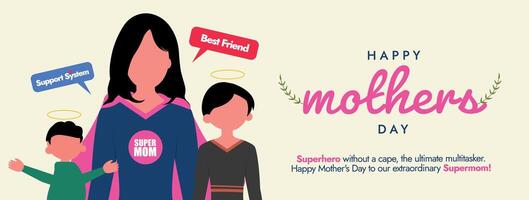 Mothers day. 12th May Happy Mothers day 2024 celebration banner, social media post with mother wearing superhero costume, daughter and son. Appreciating Women as super mom. Mothers day concept. vector