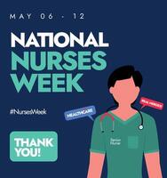 National Nurses Week. May 6 to 12 National Nurses Week celebration banner with male nurse wearing stethoscope and uniform. Thank you nurses, appreciation post, banner for medical staff, workers. vector