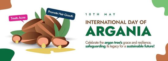 International day of Argania. 10th May International day of Argania celebration post, cover banner, card with argan seeds. This day celebrates the argan trees they play crucial role in environment vector