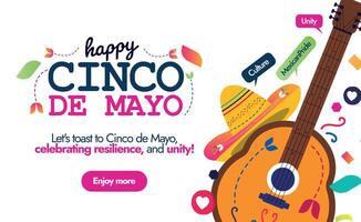 Happy Cinco De Mayo. 5th May Cinco de mayo social media celebration banner with colourful text, Mexican Guitar and Mexican hat with speech bubbles Mexican pride, unity, culture. Mexican fiesta vector