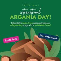 International day of Argania. 10th May International day of Argania celebration banner with argan plant and seeds on dark green background. Banner, social media post for Benefits of Argan trees. vector