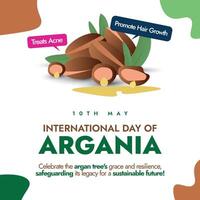 International day of Argania. 10th May International day of Argania celebration post, banner, card, template with argan seeds. This day celebrates the argan trees they play crucial role in environment vector