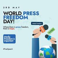 World press freedom day. 3rd May is a Media Day awareness social media post with hands holding press microphone, earth globe world map and speech bubbles. Press Freedom awareness vector