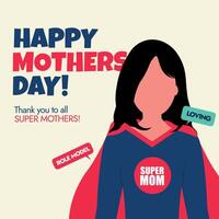 Happy Mother's day. May 12th Happy mothers day 2024 celebration banner with mother wearing super hero costume. Mothers day conceptual post, card, banner to appreciate the role of women as MOM. vector