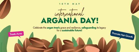 10th May International day of Argania. International day of Argania celebration banner with argan plant and seeds on bright yellow background. Banner, social media cover for Benefits of Argan trees. vector