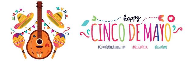 Cinco De Mayo. 5th May Happy Cinco de Mayo day, Mexican celebration cover banner with colourful text, Mexican guitar, maracas, hat on white background. Mexico Fiesta invitation card, banner, post. vector