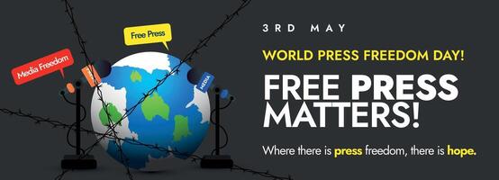 World Press Freedom Day. May 3rd World press freedom day celebration cover banner, post, horizontal banner in light black background with earth globe, microphones seized by barbed, fencing wire. vector