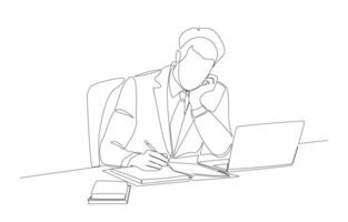 Continuous one line drawing of businessman working in front of laptop with hand touching face, creativity in work concept, single line art. vector