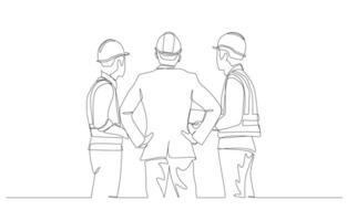 Continuous one line drawing of construction project manager talking with two construction foremen, construction project progress concept, single line art. vector