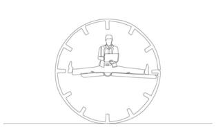 Continuous one line drawing of businessman sitting with legs spread on clock hands and working with laptop, flexible working concept, single line art. vector