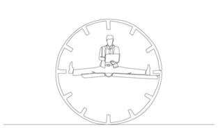 Continuous one line drawing of businessman sitting with legs spread on clock hands and working with laptop, flexible working concept, single line art. vector