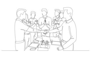 Continuous one line drawing of employees welcoming new colleague, warm and friendly workplace, building good relationship within business team concept, single line art. vector