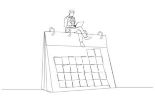 Continuous one line drawing of businessman sitting on top of desk calendar working with laptop, working according to specified work schedule concept, single line art. vector