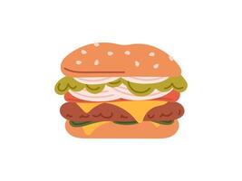 Hamburger, unhealthy junk fast food meat cutlet, hamburger sandwich with double cheese, american snack, beef onion food meal isoalated on white background flat illustration. vector
