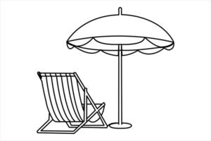 Continuous out line art drawing of beach umbrella and chair for summer holiday outdoor illustration. vector
