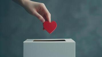 Red heart symbol placed in donation box symbolizing charity. photo