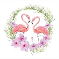dos flamenco aves con hibisco flores y palma árbol ramas acuarela composición. mano dibujado ilustración aislado en blanco antecedentes. para tropical tarjetas, Boda invitaciones, logotipos, pegatinas vector