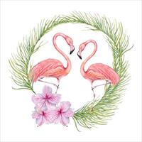 Two flamingo birds with hibiscus flowers and palm tree branches watercolor composition. Hand drawn illustration isolated on white background. For tropical cards, wedding invitations, logos, stickers. vector