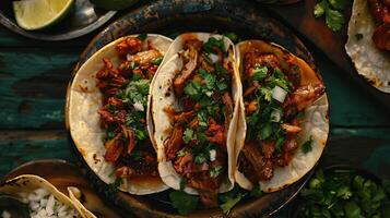 mexican al pastor street tacos shot from overhead with copy space photo