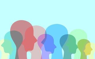 Colorful heads sign symbol overlay. Group diversity multiethnic silhouette side view people. Concept of Collaborators, Mental health, psychology, different nation, culture, contrast mind, Community vector