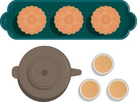 Moon Cake Traditional Dessert and Tea Cup Teapot Illustration Graphic Element Art Card vector