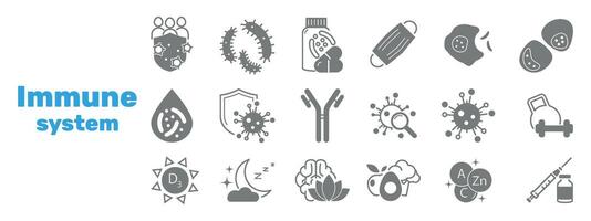 Human immune system silhouette icon set. Virus protection, hygiene shield, bacterial prevention, white blood cell, macrophage, vaccine, healthy food, protective mask illustration. vector