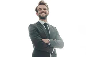 Happy young businessman portrait on white background. photo