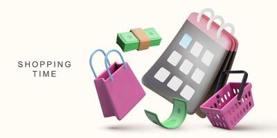 3d realistic Shopping time on white background. vector