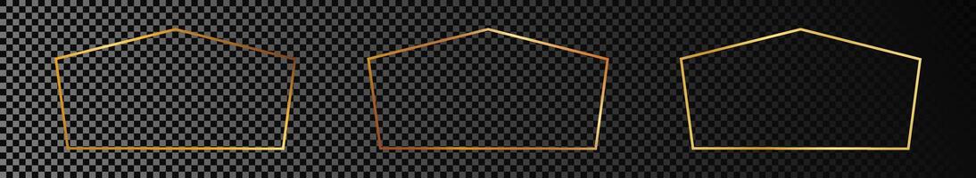Set of three gold glowing tetragon shape frames isolated on dark background. Shiny frame with glowing effects. illustration. vector