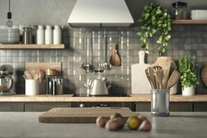 Kitchen and hotel interior with high resolution accessories. photo