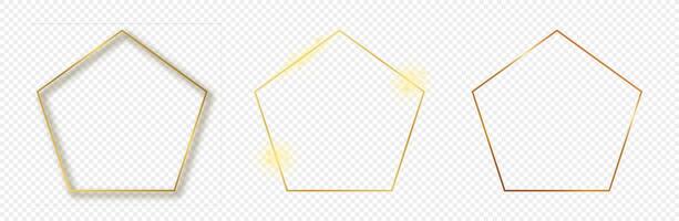 Set of three gold glowing pentagon shape frames isolated on background. Shiny frame with glowing effects. illustration. vector