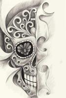 Sugar skull surreal art tattoo design by hand drawing on paper. vector