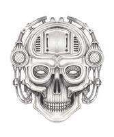 Cyberpunk skull tattoo design by hand drawing on paper. vector