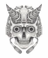 Cyberpunk demon skull tattoo design by hand drawing on paper. vector