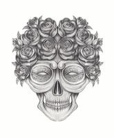 Skull and rose surreal art design by hand drawing on paper. vector