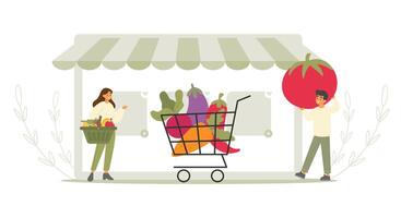 Family shopping concept. man and woman buy products from online store. Full shopping trolley vector