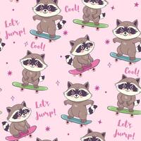 Seamless pattern with cute raccoons on skateboards. graphics. vector