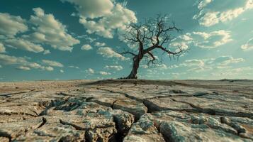 Dry cracked land with dead tree and sky in background a concept of global warming photo